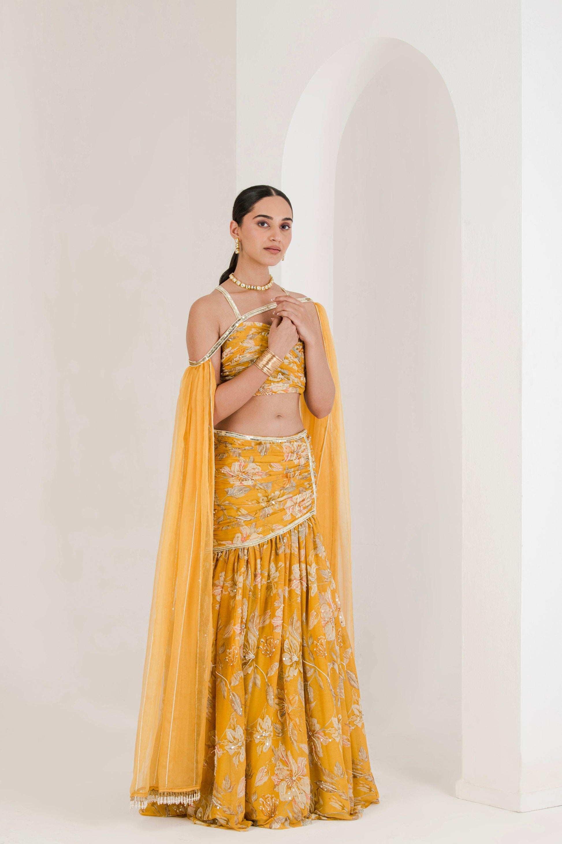 Yellow Floral Print Draped Lehenga for women